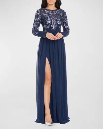 Shop Dress The Population Black Label Martha Side-slit Floral Sequin Gown In Navy Multi