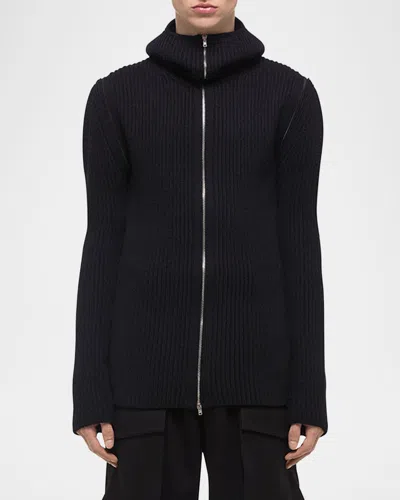 Helmut Lang Safety Convertible Merino Wool Rib Balaclava Cardigan In Black