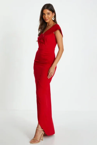 Quiz Scuba Crepe/satin Bardot Wrap Maxi Dress In Red