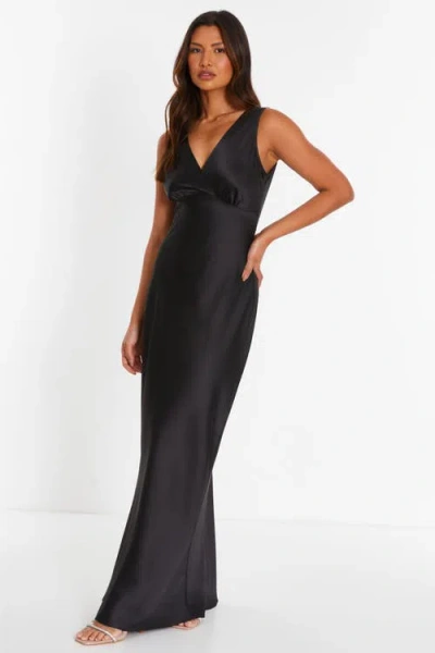 Quiz Satin Wrap Front Maxi Dress In Black