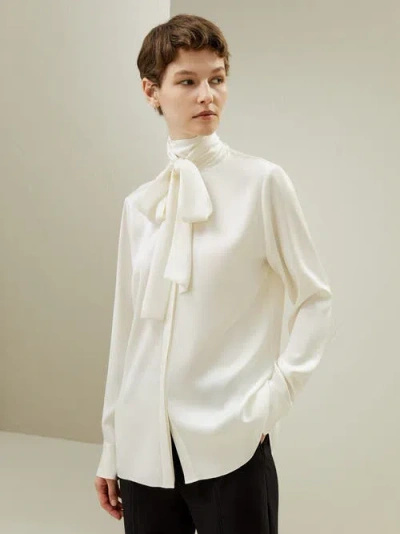Lilysilk Silk Turtleneck Ribbon Blouse In Natural White