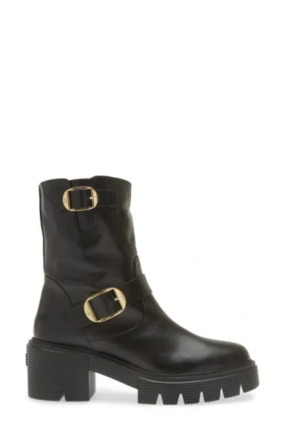 Shop Stuart Weitzman Soho Moto Bootie In Black Smooth Calf