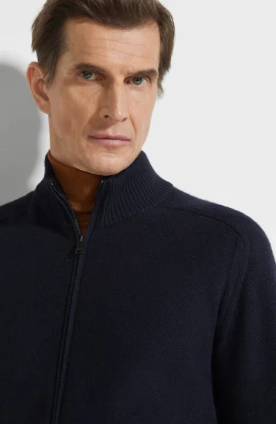 Zegna Cardigan Zippé En Cashseta Bleu Marine Chiné In Navy