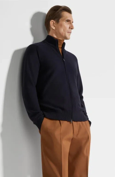 Zegna Cardigan Zippé En Cashseta Bleu Marine Chiné In Navy