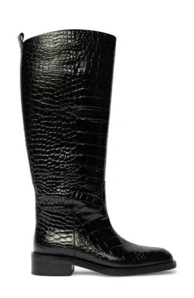 Black Suede Studio Pace Tall Boot In Black Croco Leather