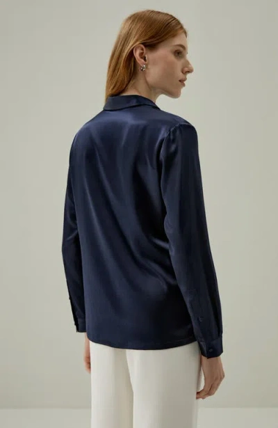 Lilysilk Classic Imitation Pearl Button Silk Shirt In Navy Blue