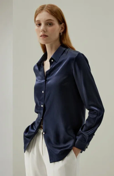 Lilysilk Classic Imitation Pearl Button Silk Shirt In Navy Blue