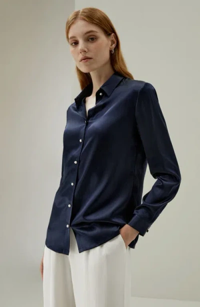 Lilysilk Classic Imitation Pearl Button Silk Shirt In Navy Blue