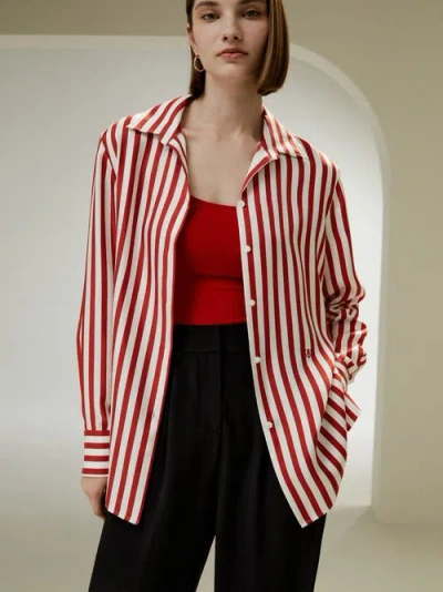 Lilysilk Classic Striped Silk Shirt In Red White Pinstripes