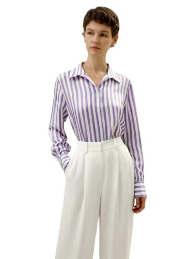 Shop Lilysilk Classic Striped Silk Shirt In Lilac-white Pinstripes