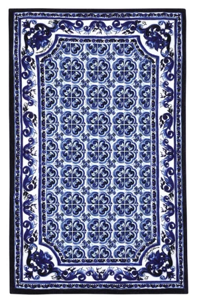 Dolce & Gabbana Blue Mediterraneo Print Cotton Beach Towel In Bright Blue