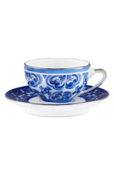 Dolce & Gabbana Dolce&gabbana Blu Meditteraneo Fiore Piccolo Espresso Cup & Saucer Set In Navy