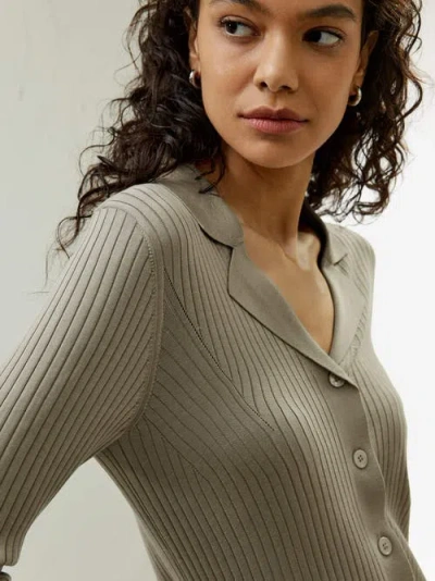 Lilysilk Lapel Collar Spun Silk Cardigan In Khaki