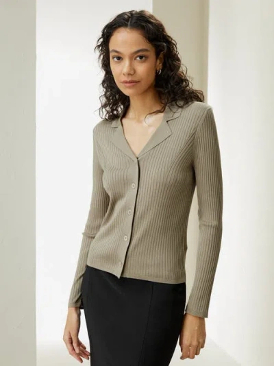 Lilysilk Lapel Collar Spun Silk Cardigan In Khaki