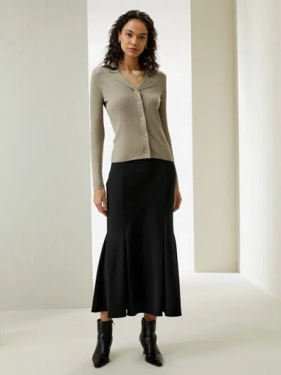 Lilysilk Lapel Collar Spun Silk Cardigan In Khaki