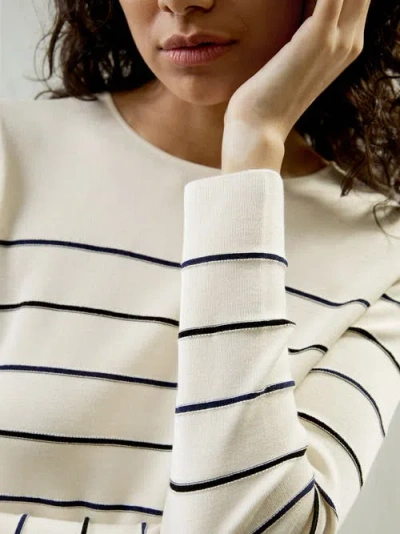 Lilysilk Cropped Silk-knitted Long Sleeve Tee For In White With Stripes