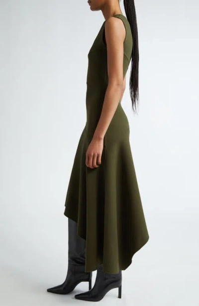 Michael Kors Fitted Sleeveless Asymmetric Wool Knit Midi Dress In Spruce