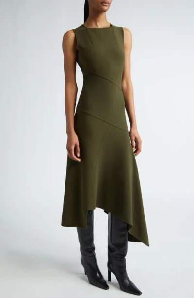 Michael Kors Fitted Sleeveless Asymmetric Wool Knit Midi Dress In Spruce