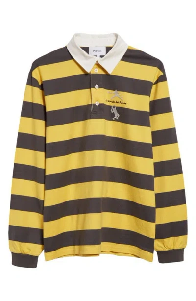 Shop Palmes Tennis Society Embroidered Stripe Organic Cotton Rugby Shirt In Charcoal-yellow