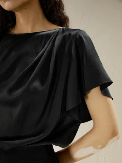 Lilysilk Short Rippled Batwing Sleeves Silk Shirt In Black