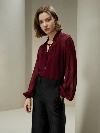 Lilysilk Tie Front Drawstring Georgette Blouse In Oxblood