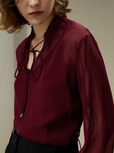 Lilysilk Tie Front Drawstring Georgette Blouse In Oxblood