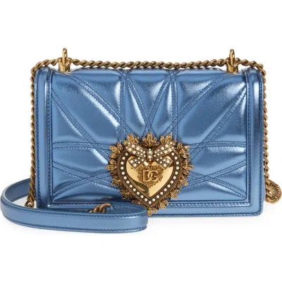 Dolce & Gabbana Devotion Medium Quilted Metallic Chain Shoulder Bag In 8h633 Blu Chiaro Laminato