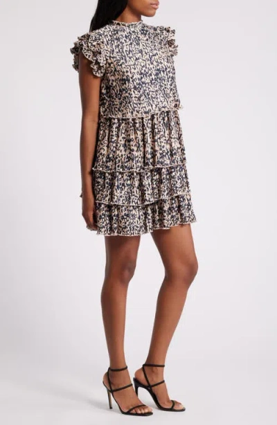 Chelsea28 Tiered Pleated Minidress In Pink- Navy Brushed Animal