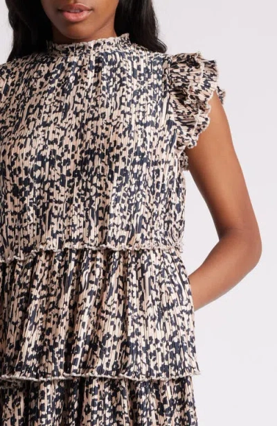 Chelsea28 Tiered Pleated Minidress In Pink- Navy Brushed Animal