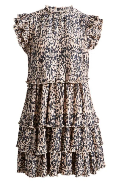Chelsea28 Tiered Pleated Minidress In Pink- Navy Brushed Animal
