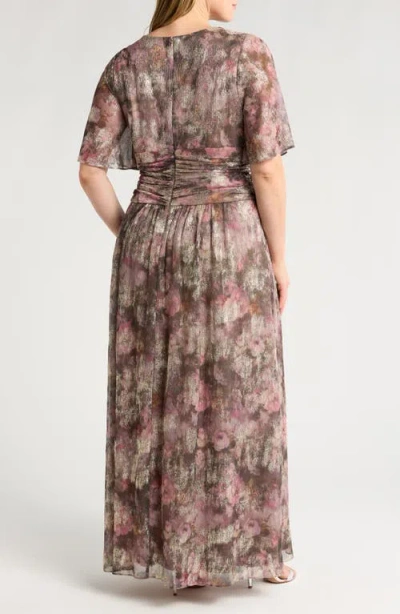 Sl Fashions Floral Metallic Faux Wrap Maxi Dress In Taupe Multi