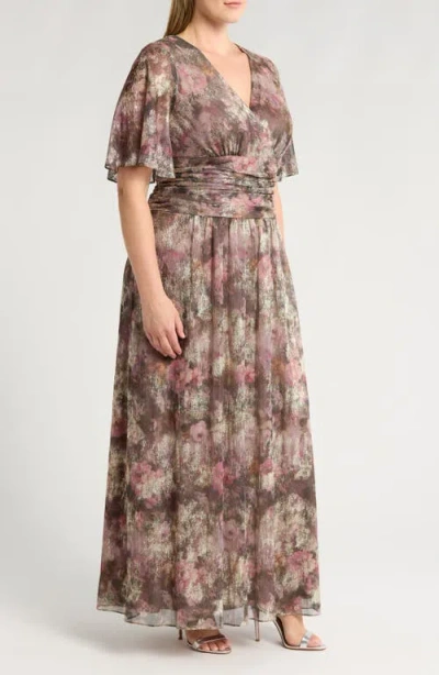 Sl Fashions Floral Metallic Faux Wrap Maxi Dress In Taupe Multi
