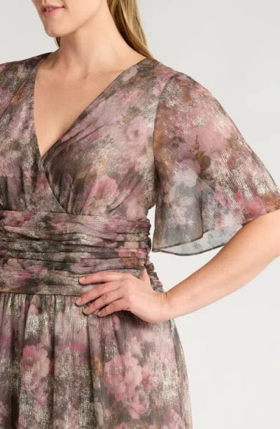 Sl Fashions Floral Metallic Faux Wrap Maxi Dress In Taupe Multi