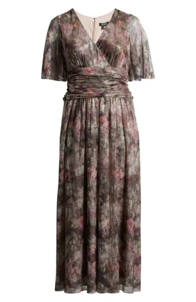 Sl Fashions Floral Metallic Faux Wrap Maxi Dress In Taupe Multi