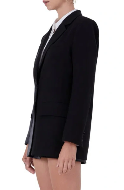 Shop Endless Rose Mixed Media Satin Suit Blazer In Black