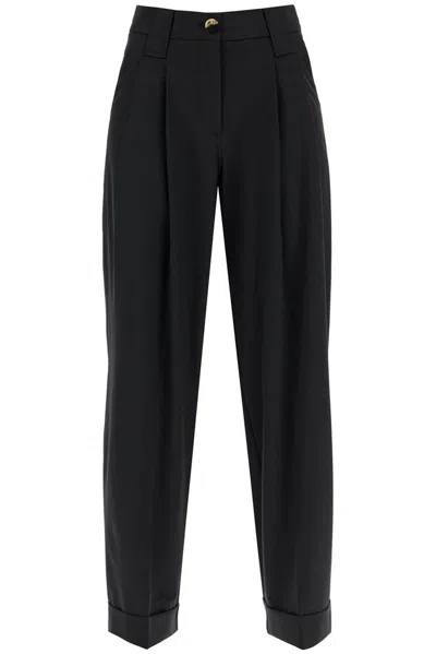 Shop Ganni Pleat Detailed Wide Leg Pants In Black