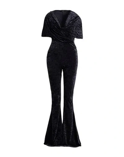 The Andamane Naomi Blue Hooded Flared Jumpsuit In Crushed Velvet Woman In Black