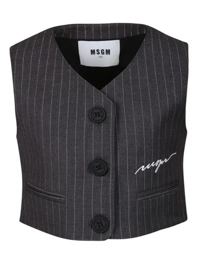 Msgm Gray Vest For Girl With White Logo In Grey