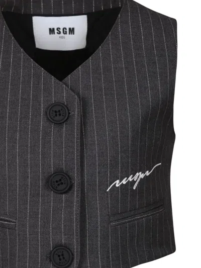 Msgm Gray Vest For Girl With White Logo In Grey