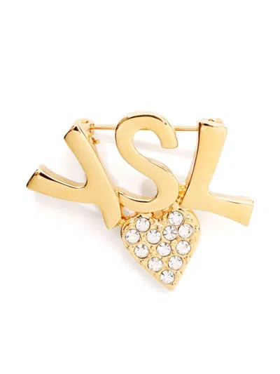 Pre-owned Saint Laurent Ysl Rhinestone Brooch In Gold