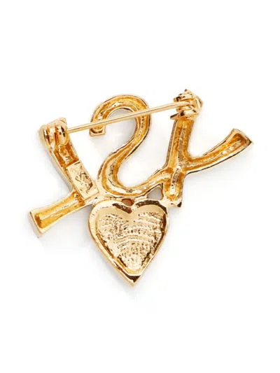 Pre-owned Saint Laurent Ysl Rhinestone Brooch In Gold