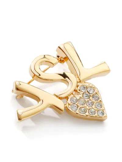 Pre-owned Saint Laurent Ysl Rhinestone Brooch In Gold