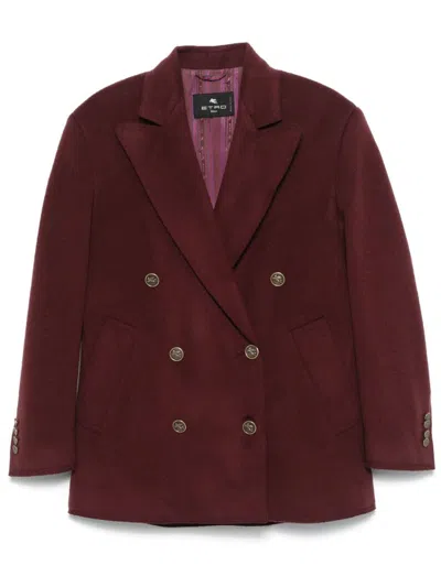 Etro Bordeaux Double-breasted Jacket With Logo Detail On Buttons In Wool Blend Woman In Red