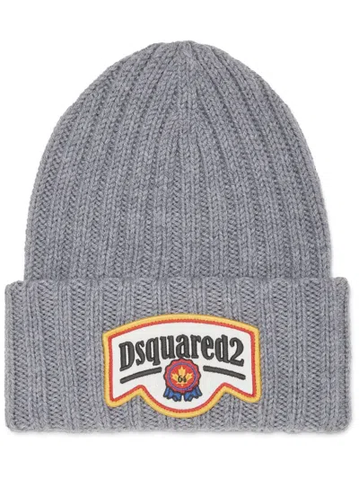 Dsquared2 Grey Ribbed Tricot Wool Hat In Grey