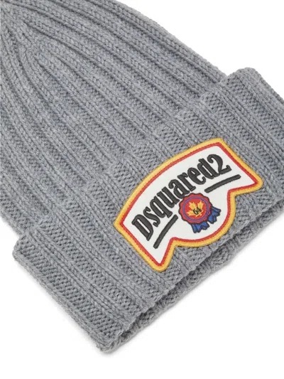 Dsquared2 Grey Ribbed Tricot Wool Hat In Grey