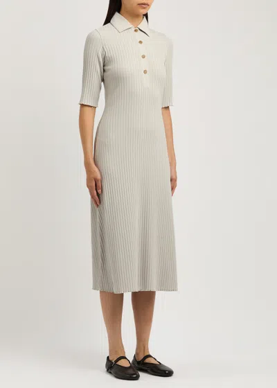 Vince Ribbed Cotton-blend Polo Midi Dress In Light Grey