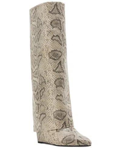 Madden Girl Evander Wide-calf Fold-over Cuffed Knee High Wedge Dress Boots In Light Snake Multi