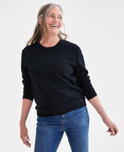 Style & Co Petite Crewneck Long-sleeve Fleece Sweatshirt, Created For Macy's In Deep Black