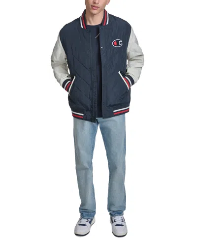 Champion Men's Retro Quilted Logo Bomber Jacket In Navy,white