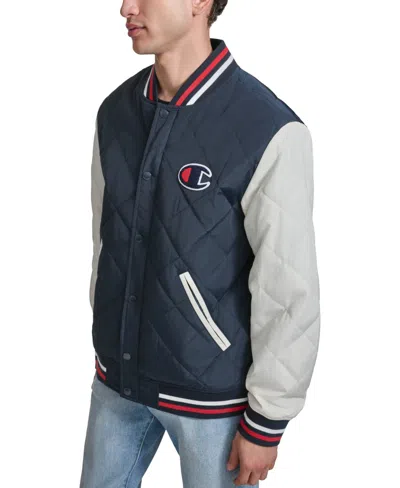 Champion Men's Retro Quilted Logo Bomber Jacket In Navy,white